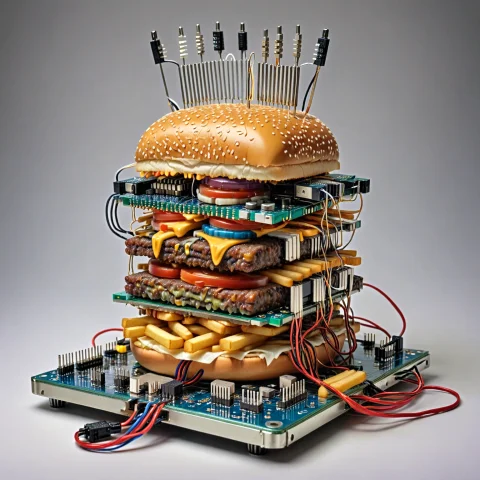 Highly Detailed Photo Of A Transistors Burger Served With Fr... — SDXL AI Prompt: highly detailed photo of a transistors burger served with fries. stack of circui...