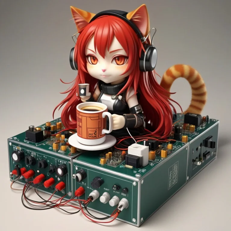 A Chibi Anime Red Hair Cat Girl Lay On A Transistors Box Hol...