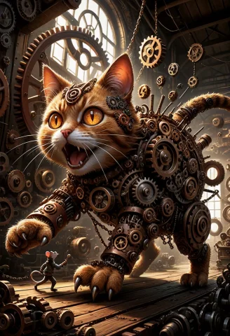 Masterpiece, Best Quality, Hilarious Cinematic Steampunk Cha... — SDXL AI Prompt: masterpiece, best quality, hilarious cinematic steampunk chase scene, a gigantic...