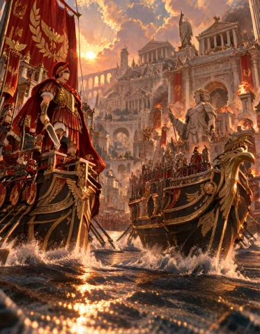 Loratraining2617621-202609161835559311 Z1os, Spectacular Ani... — Stable Diffusion AI Prompt: z1os, spectacular anime Roman imperial ship fleet entering a monumental harbor...