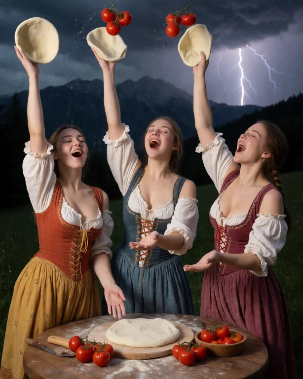 Three Beautiful Young Women All Dressed In Colourful Peasant...