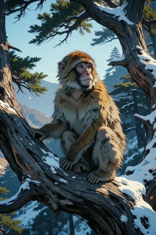 Nature, A Barbary Macaque Sitting On A Snow-dusted Cedar Bra...