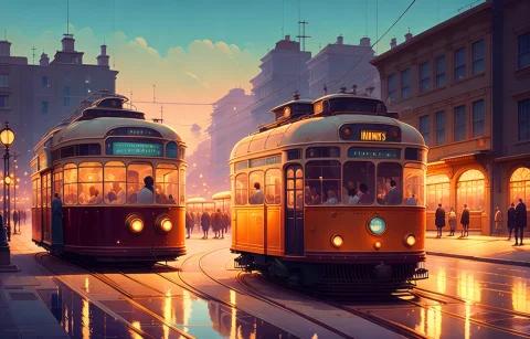 A City In The 1950s, Main Streets, Trams, Greg Rutkowski, Ma... — Stable Diffusion AI Prompt: A city in the 1950s, main streets, trams, greg rutkowski, makoto shinkai and loi...