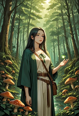 The Forest Apothecary Character A Pale East Asian Woman With... — SDXL AI Prompt: The Forest Apothecary Character: A pale East Asian woman with straight, waist-le...