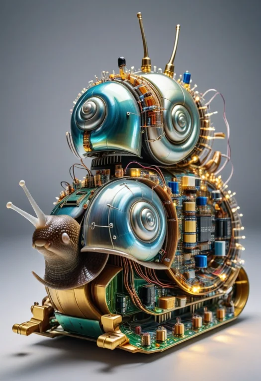 8k, Raw Digital Photo, A Snail Tank Made Of Transistors And...