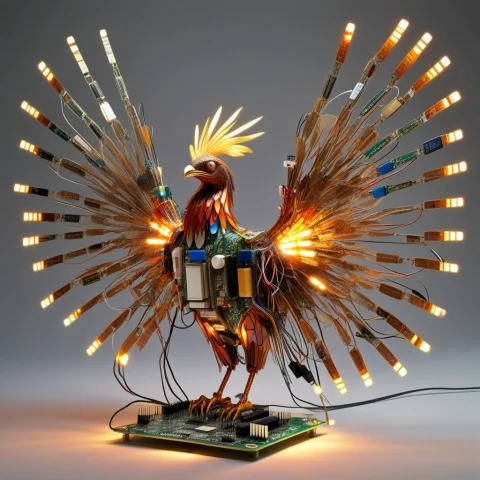 A Phoenix Rising From A Bed Of Electronic Scrap, Its Wings S... — SDXL AI Prompt: A phoenix rising from a bed of electronic scrap, its wings spreading out in a fa...
