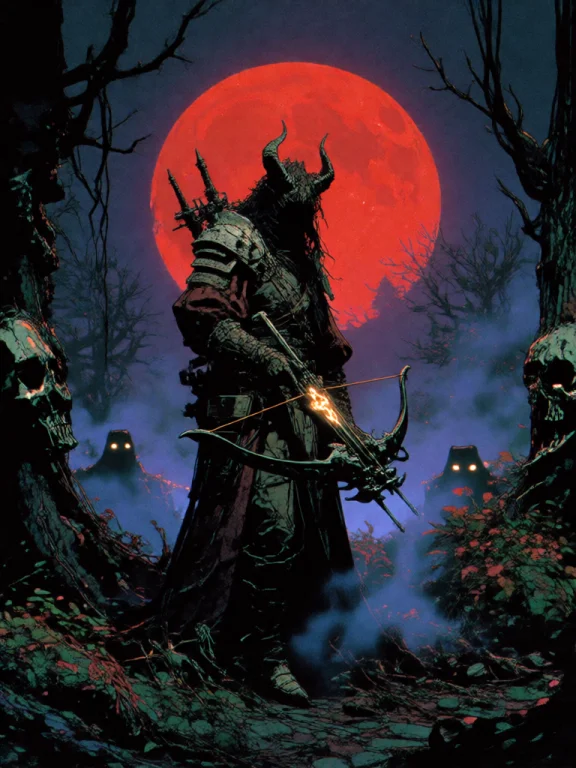 A Dark-fantasy Hunter Clad In Demon-hide Armor Stalking Thro...