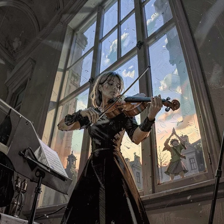 A Violinist Rehearsing By A Tall Window, Impasto Texture, Tw...