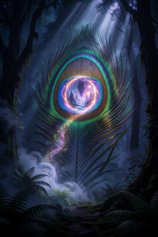 A Colossal Peacock Feather Standing Vertically In A Dark, Mi...