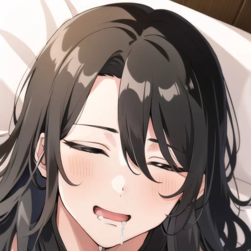 Male Focus, 1boy, Black Long Hair, Drooling, Saliva, Loraani...