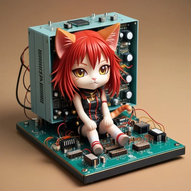 A Chibi Anime Red Hair Cat Girl Lay On A Transistors Box
