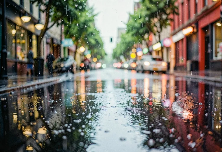 A Tailored Look Reflected In A Rain-slick Street, Raw Photo,...