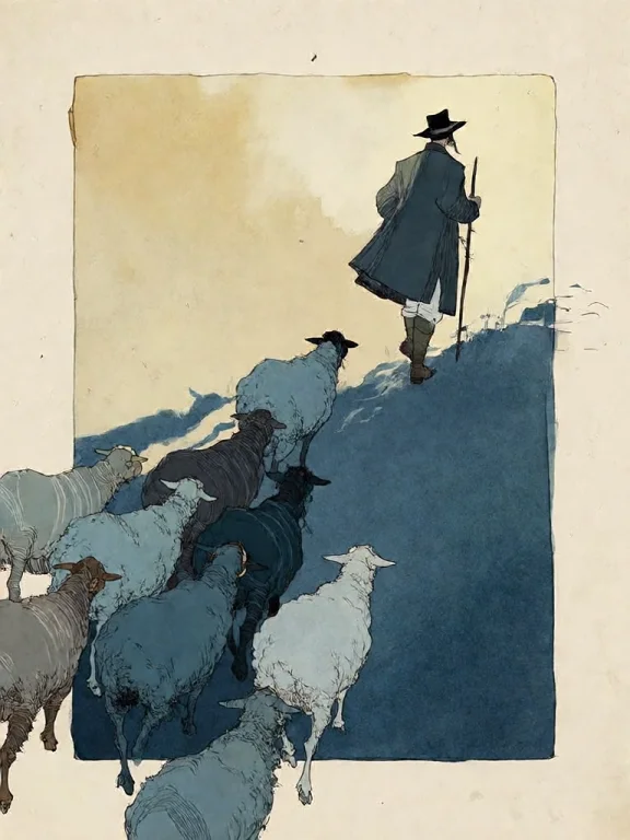 Bradhamel Art Style. A Watercolor Painting Of A Lone Shepher...