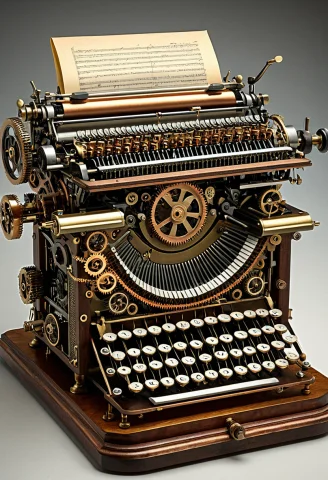 Photorealistic, Vintage Typewriter Rebuilt As A Dense Interl... — Stable Diffusion AI Prompt: photorealistic, vintage typewriter rebuilt as a dense interlocking brass and cop...