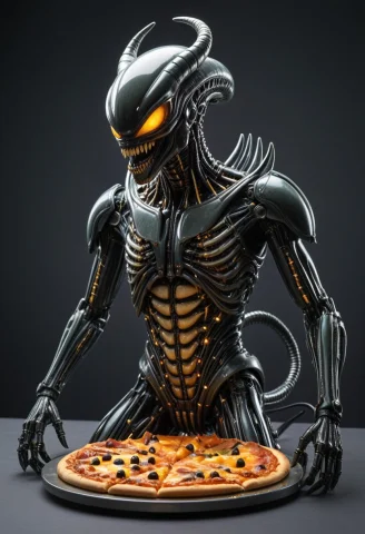 Transistors, A Terrifying Xenomorph Wearing A Fast-food Unif... — SDXL AI Prompt: Transistors, a terrifying Xenomorph wearing a fast-food uniform and serving a gl...