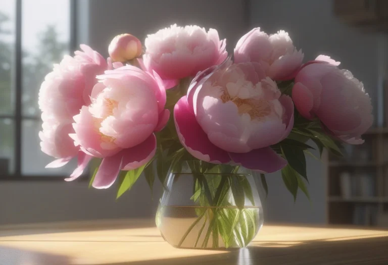 An Overflowing Bouquet Of Peonies In A Glass Vase, Unreal En...