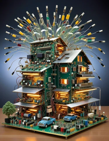 A Scene Of A Farm, With A Tornado Made Of Transistors, Dense... — SDXL AI Prompt: A scene of a farm, with a tornado made of Transistors, dense circuitry, colorful...