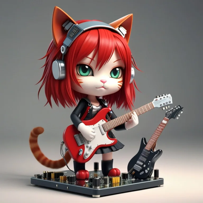 A 3d Chibi Anime Red Hair Cat Girl Playing Transistors Guita...
