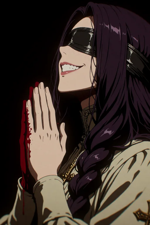A Woman Wearing A Silky Black Blindfold. She Wears A Wide, M...