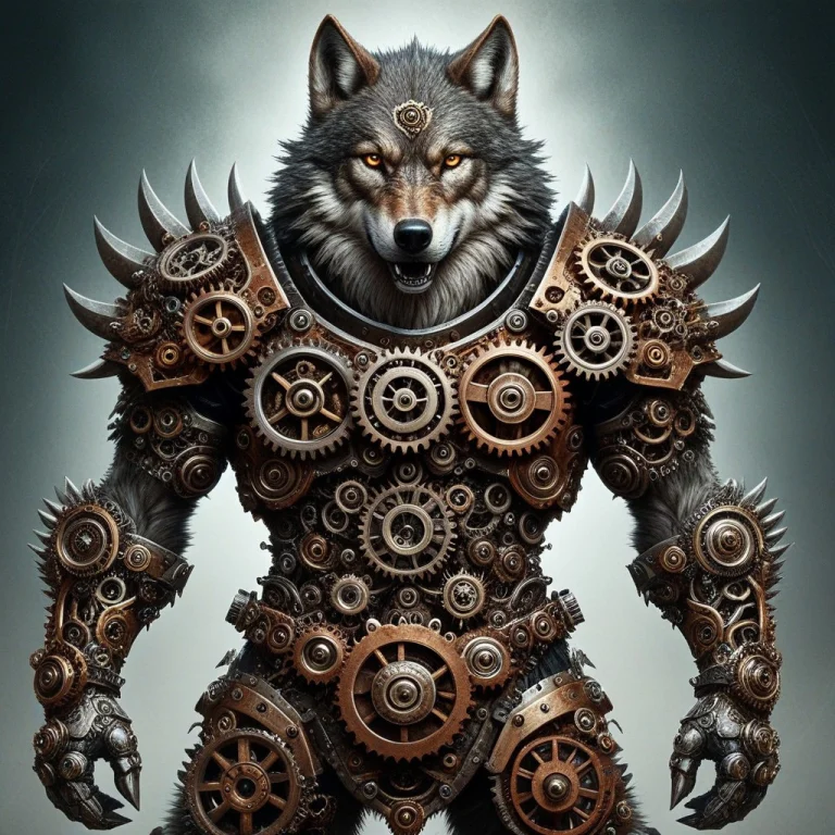 A Fierce Antropomorphic Wolf Wearing An Armor Made Of Gears.