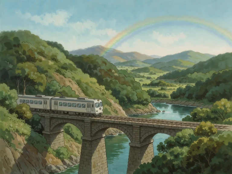 Train Crossing Stone Bridge Over River Green Hills Rainbow I...