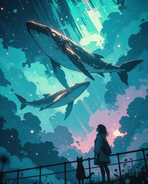 Anime Illustration, Wide Shot, Night Scene, Silhouette Of A...