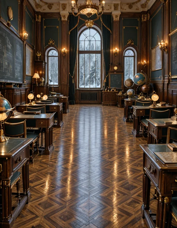 Ru551an 1n5t1tut3, Photorealistic Classroom, Worn Wooden Des...