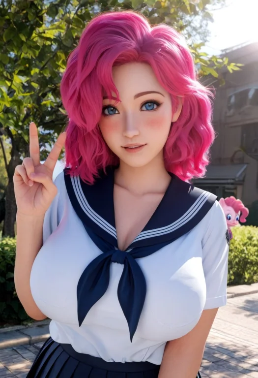 V3x-n41r, 1girl, Upper Body, Pinkie Pie, Sailor Uniform, Blu...