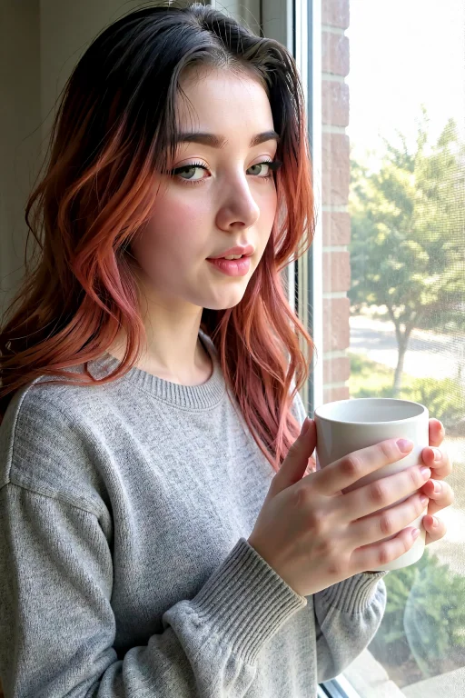 Rei At A Window With A Mug, Black-to-rose Hair, Grey Eyes Lo...