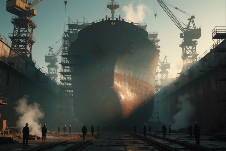 A Cinematic Wide Establishing Shot Of A Colossal Rusting Car...