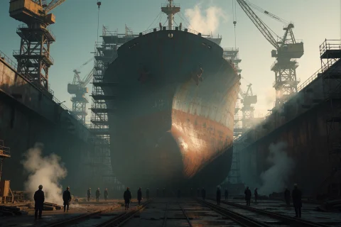 A Cinematic Wide Establishing Shot Of A Colossal Rusting Car... — Stable Diffusion AI Prompt: A cinematic wide establishing shot of a colossal rusting cargo ship under constr...