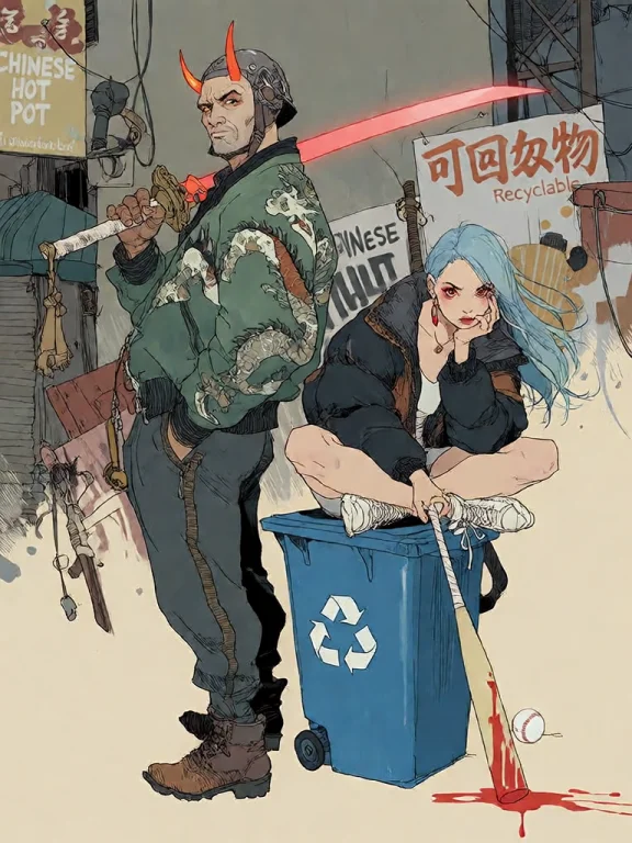 Bradhamel Art Style. A Cyberpunk Urban Scene Featuring A Tal...