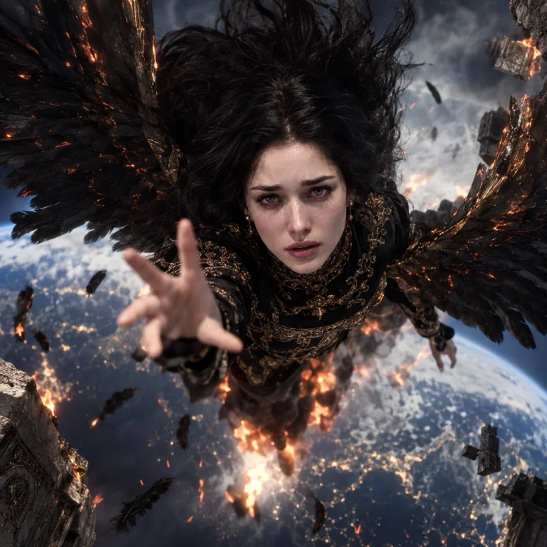A Realistic Photography Of A Dark Angel Falling From Heaven,...