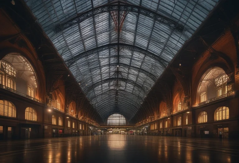 A Grand Train Station Under A Vaulted Glass Roof, Vintage Po...