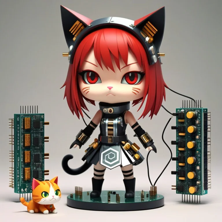 A 3d Chibi Anime Red Hair Cat Girl Wear Transistors Ninja Dr...