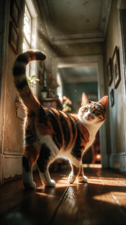 A Sleek Calico Cat With Vibrant Orange, Black And White Fur...