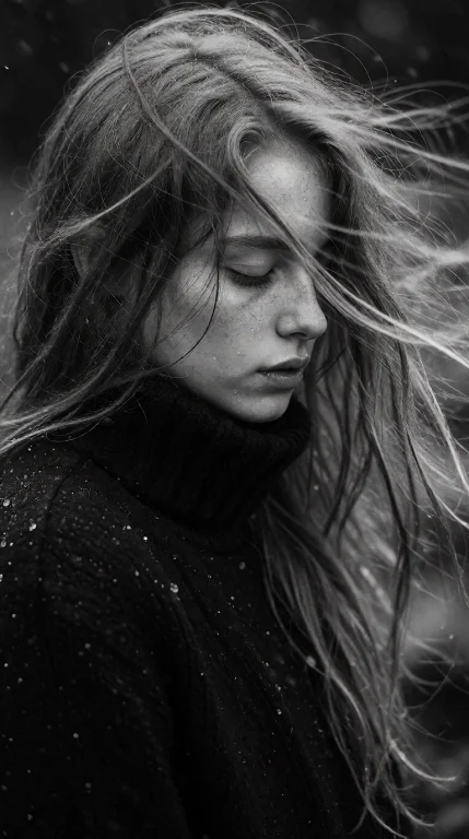 A Woman With Long, Wind-blown Hair, Eyes Closed And Lips Sli...