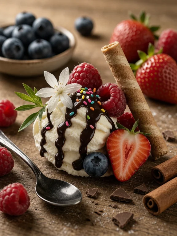 A Richly Detailed Food Still-life Photograph Shows An Ice Cr...