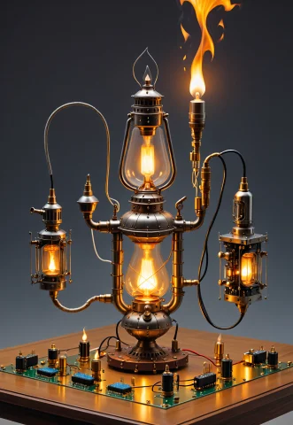 Lazypos, Comic Fantasy Scene, Loratransistorsxllora1 One Oil... — SDXL AI Prompt: lazypos, comic fantasy scene, one oil lamp made of Transistors, running across...