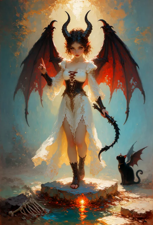 A Medium Shot Centered On A Female Demon With Two Black Horn...