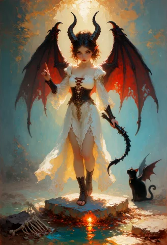 A Medium Shot Centered On A Female Demon With Two Black Horn... — Stable Diffusion AI Prompt: A medium shot centered on a female demon with two black horns curving upward fro...