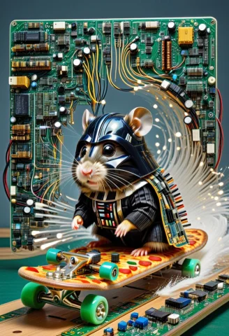 Macro Photography, World Of Transistors And Capacitors ,hams... — SDXL AI Prompt: Macro Photography, world of transistors and capacitors ,(Hamster wearing darthva...