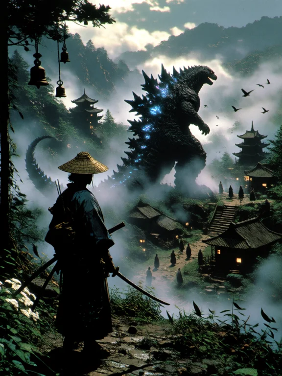 A Lone Wandering Samurai Stands On A Narrow Cliffside Path A...