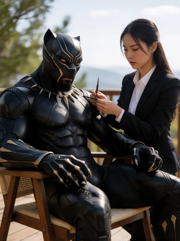 A Muscular Superhero Black Panther Is Sitting In A Deckchair...