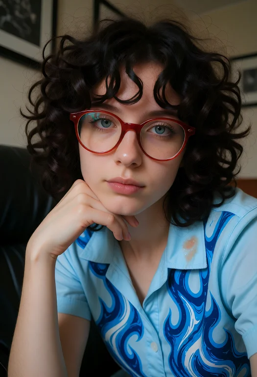 A Person With Voluminous, Dark Curly Hair And Bright Blue Ey...