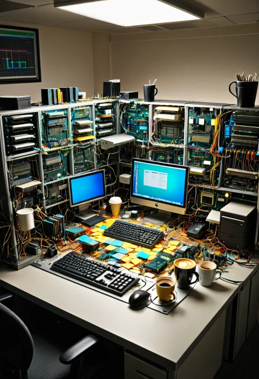 Transistors, Photorealistic, Cluttered Office Cubicle Where...