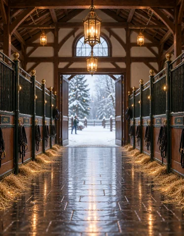 Ru551an 1n5t1tut3, Photorealistic Luxurious Boarding School... — Stable Diffusion AI Prompt: ru551an 1n5t1tut3, photorealistic luxurious boarding school stables in winter, w...