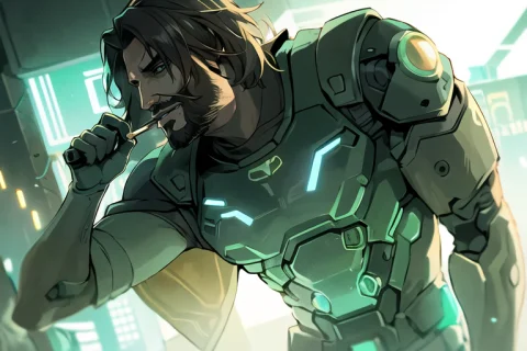 Mccree, Cyberpunk, Purple And Green Pallete, Cyborg, Revlver... — Stable Diffusion AI Prompt: mccree, cyberpunk, purple and green pallete, cyborg, revlver in right hand, smok...