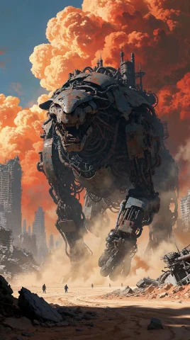 A Colossal Ancient Mechanical Beast Walking Through A Vast R... — Stable Diffusion AI Prompt: A colossal ancient mechanical beast walking through a vast ruined desert city, i...