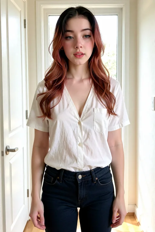 Rei Standing In A Hallway Facing The Camera, Ombre Hair, Gre...